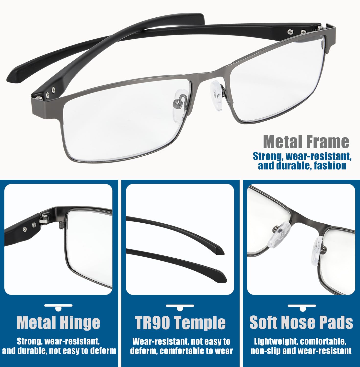 Photochromic Progressive Multifocal Reading Glasses for Men - Transition Lenses with Blue Light Blocking - Computer Glasses for Work & Reading (Indoor/Outdoor Use)
