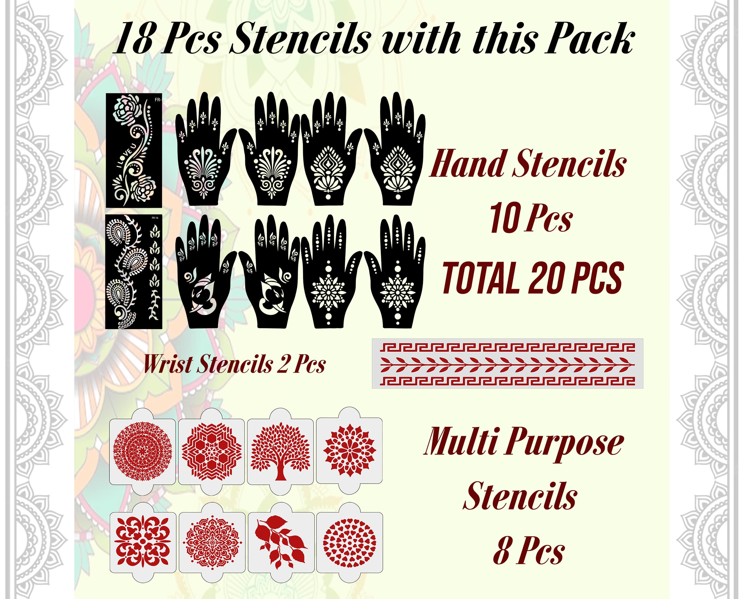 20 Pcs Reusable Henna Stencil Stickers for Hands - Easy Mehandi Design Templates for Girls, Women, Kids & Teens (D-2267) | Perfect for Parties, Weddings & Festive Occasions