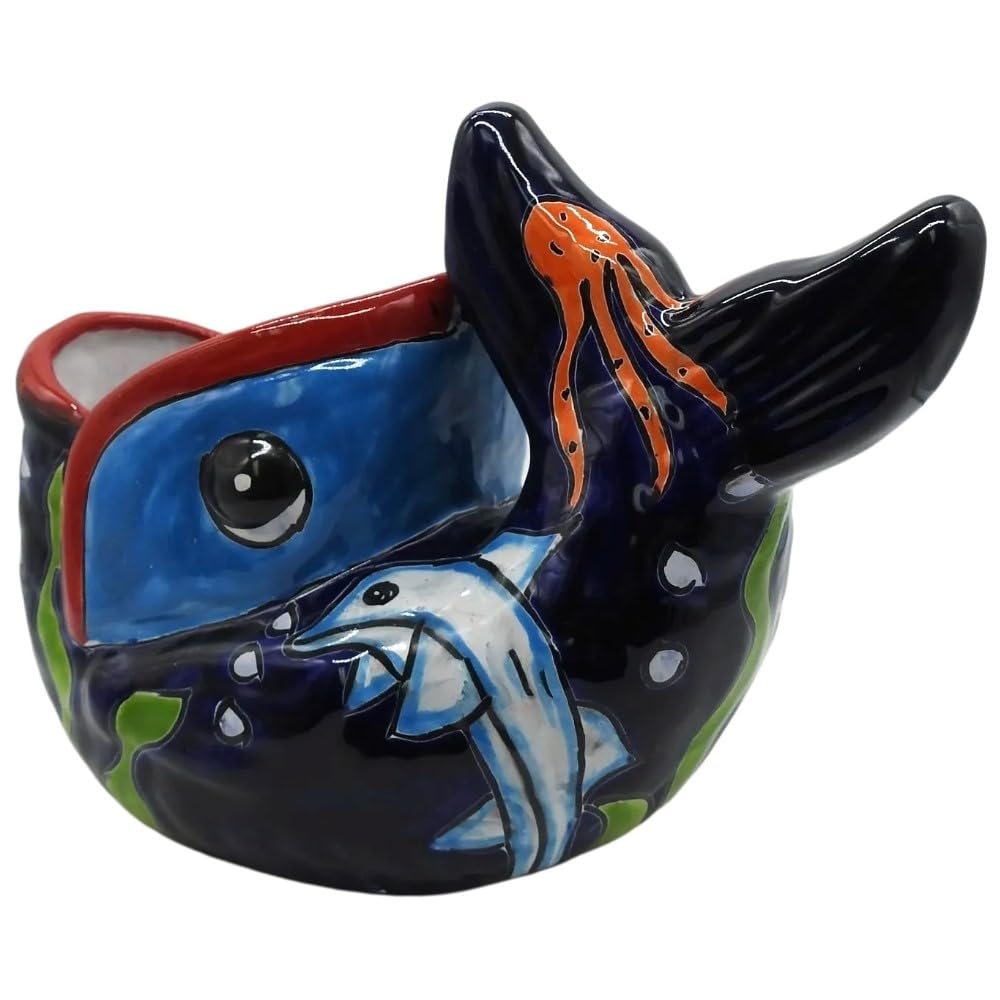 Large Talavera Bonsai Fish Planter - Hand-Painted Dark Blue Ceramic Pot for Succulents, Small Plants | Perfect for Home Decor, Garden, Office Desk & Patio