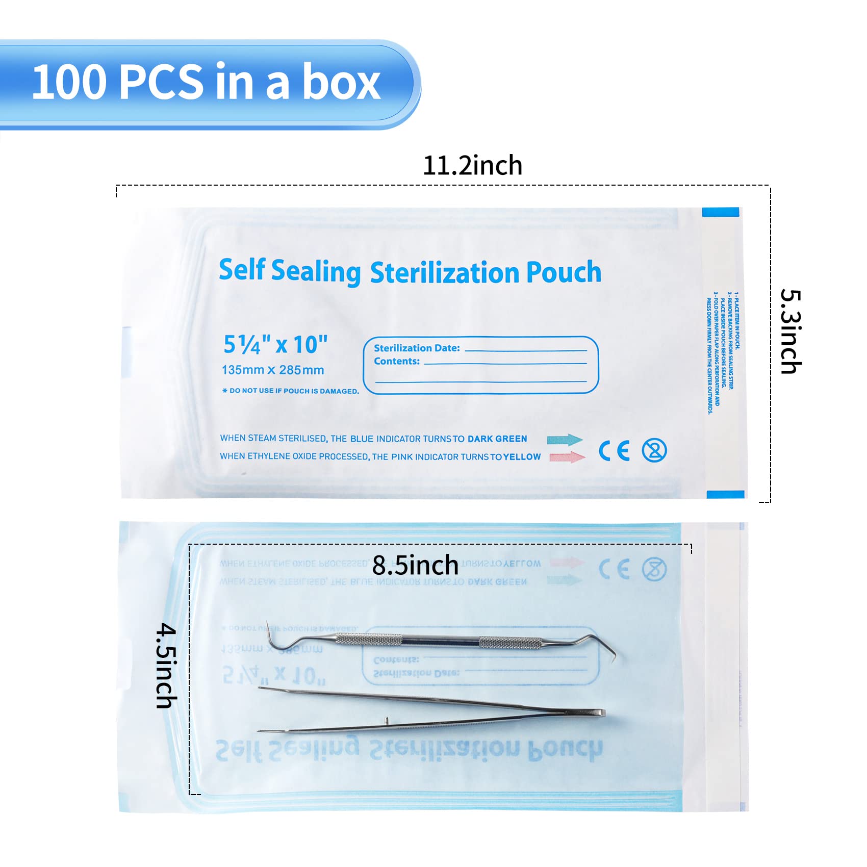 Annhu 5.3 x 11 Inch Self-Sterilizing Pouches - 100 Pack Self-Seal Sterilization Bags for Dental Instruments, Beauty Tools & Nail Equipment | Perfect for Dentist Offices, Salons & Home Sterilization Use