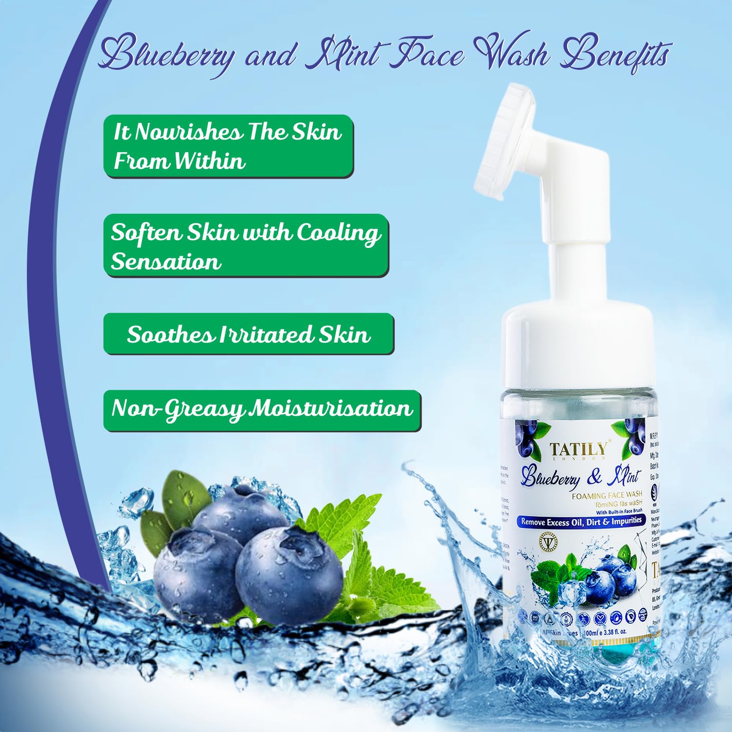 Tatily Blueberry & Mint Foaming Face Wash with Built-In Brush - Hydrating & Brightening Facial Cleanser for Men & Women - 100ml - Perfect for Daily Skincare & Travel