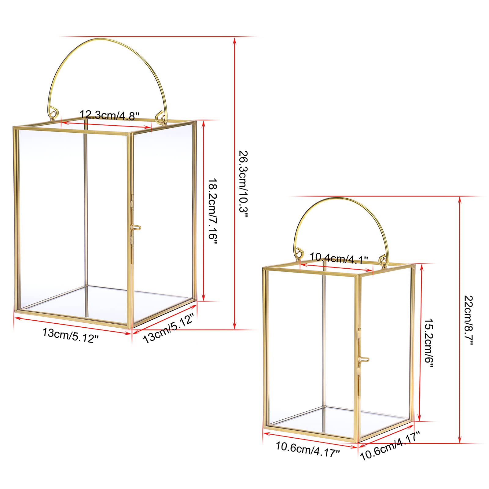 Set of 2 Gold Geometric Glass Hurricane Candle Holders with Metal Handles - Decorative Pillar Candle Stands for Wedding Centerpieces, Table Decor, Home & Garden Lighting, Romantic Dinner Ambience