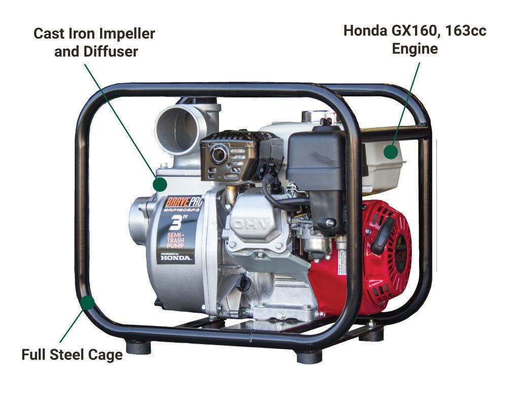 Brave 3-Inch Semi Trash Pump with Honda GX160 Engine - Heavy Duty Water Transfer for Construction, Flood Control & Agricultural Irrigation