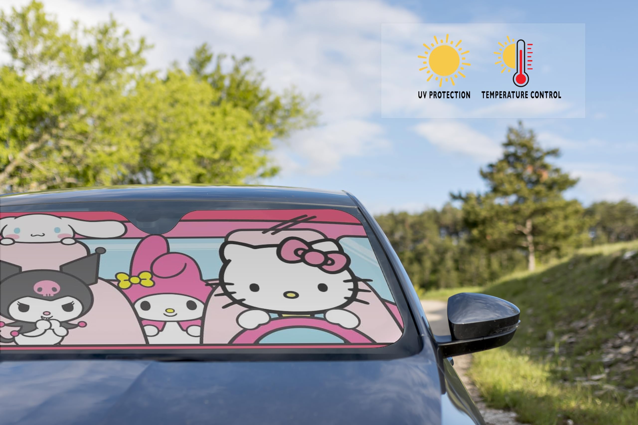 Official Hello Kitty Car Sunshade - Cute Multicolor Windshield Sun Shade for Cars | Perfect for Summer Heat Protection & Hello Kitty Fans | Use for Parking, Road Trips & Daily Commute