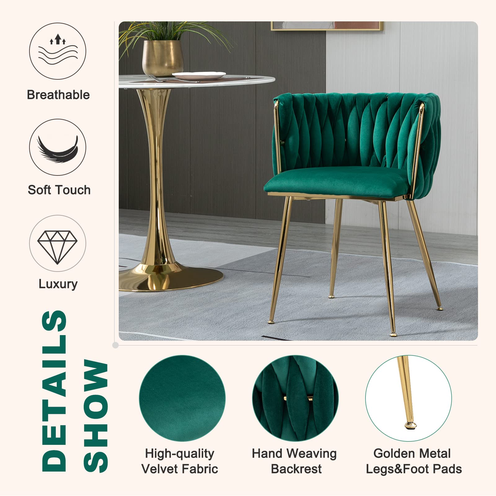 Modern Velvet Dining Chairs Set of 2 - Handwoven Upholstered Accent Chairs with Golden Metal Legs for Living Room, Dining Room & Kitchen Vanity | Emerald Green Luxury Seating for Home Decor & Entertaining