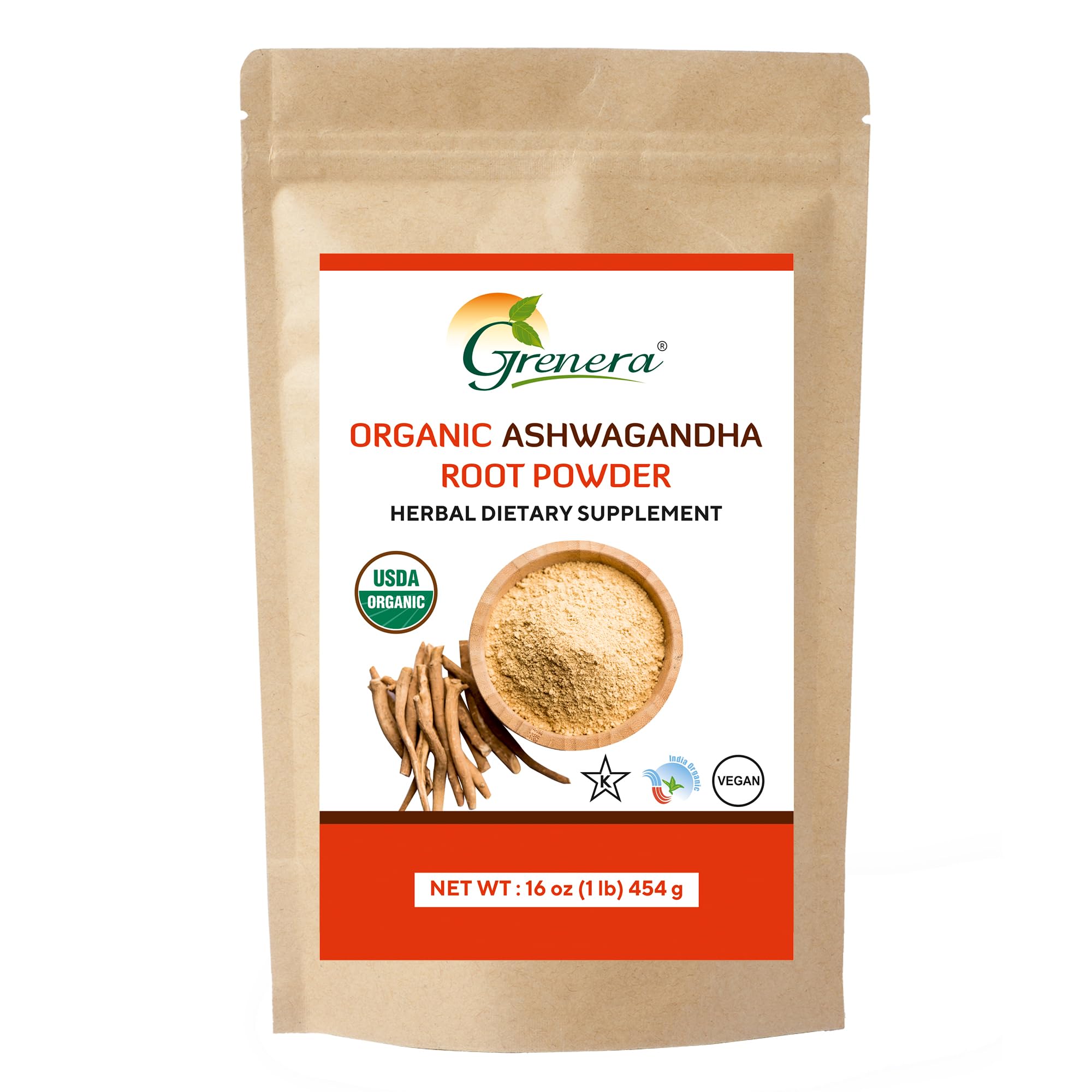 Organic Ashwagandha Powder 1 lb (16 oz) - USDA Certified, Vegan, KOSHER, Stress Relief & Energy Boost - Perfect for Smoothies, Tea & Wellness Routines