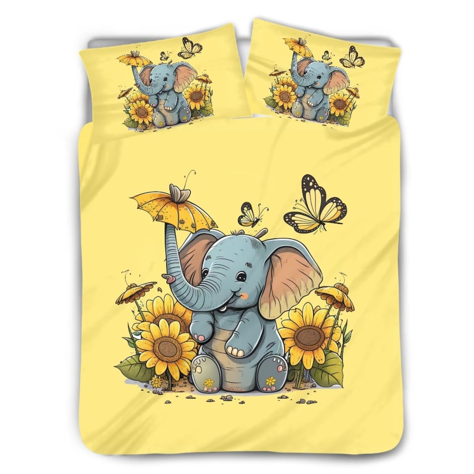 Butterfly Sunflower Elephant Duvet Cover Set - 3 Piece Kids Bedding Set for Twin Size Beds | Soft Comforter Cover with Pillowcases | Cute Nursery Decor for Boys & Girls | Perfect for Kids Bedroom, Guest Room & Dorm Decor