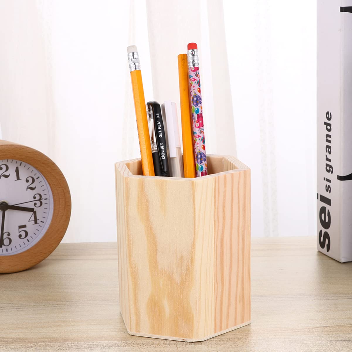 Milisten 2-Pack Hexagonal Wooden Pencil & Brush Holder - Multi-Functional Desktop Organizer for Home Office, School, DIY & Art Supplies Storage (Natural Wood)