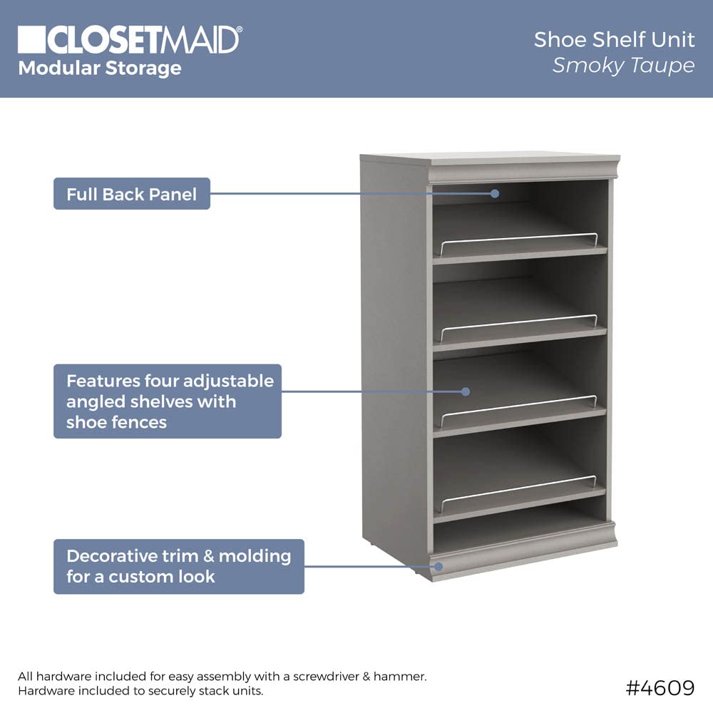 ClosetMaid Modular Storage Shelf Unit with Angled Shoe Shelves - Space Saving Closet Organizer for Shoes, Handbags & Accessories - Taupe Finish for Bedroom, Closet or Entryway Organization