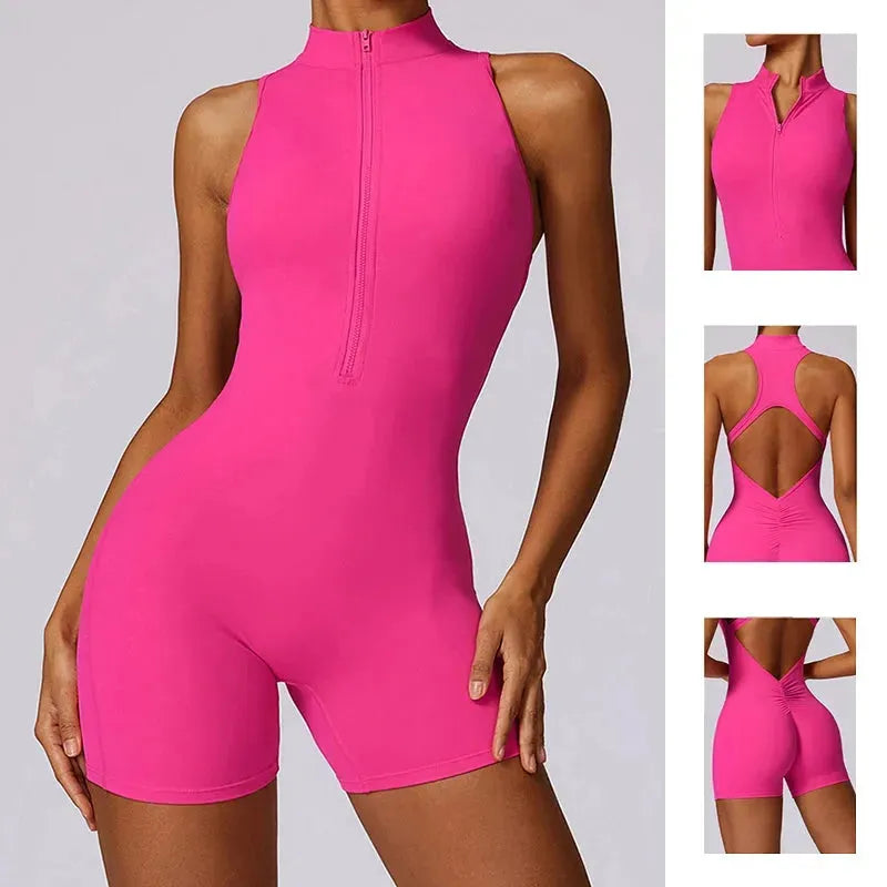 New V Back Scrunch Sports Jumpsuit for Women - Sleeveless Gym Romper with Zipper, Yoga Bodysuit & One Piece Workout Suit | Perfect for Yoga, Gym, Running & Fitness Training