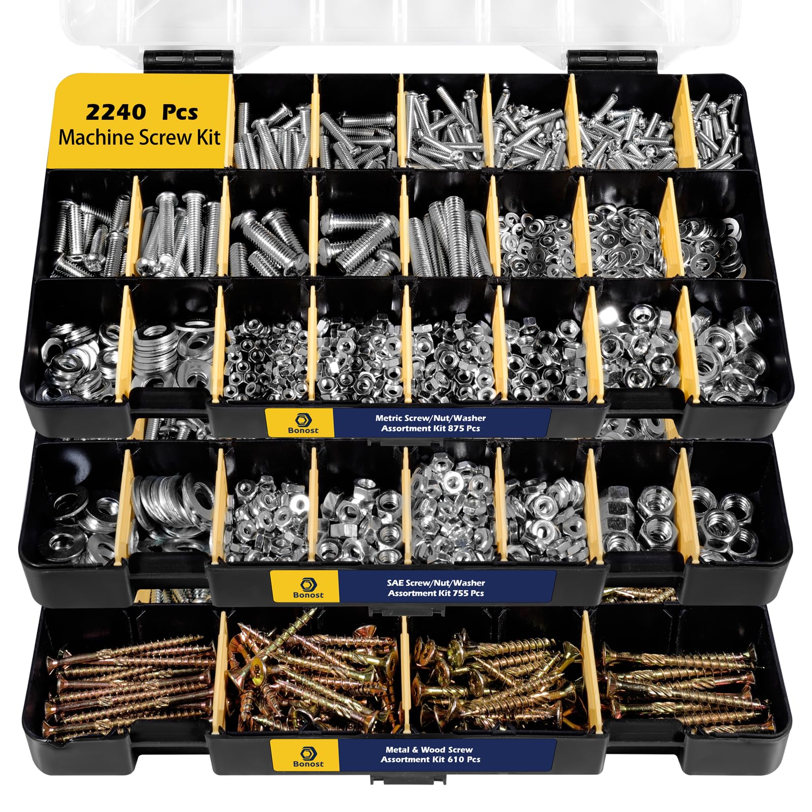 2240-Piece Hardware Assortment Kit - Metric & SAE Machine Screws, Nuts, Bolts, Washers (3 Trays) - Perfect for DIY, Home Repair, Automotive, and Electronics Projects