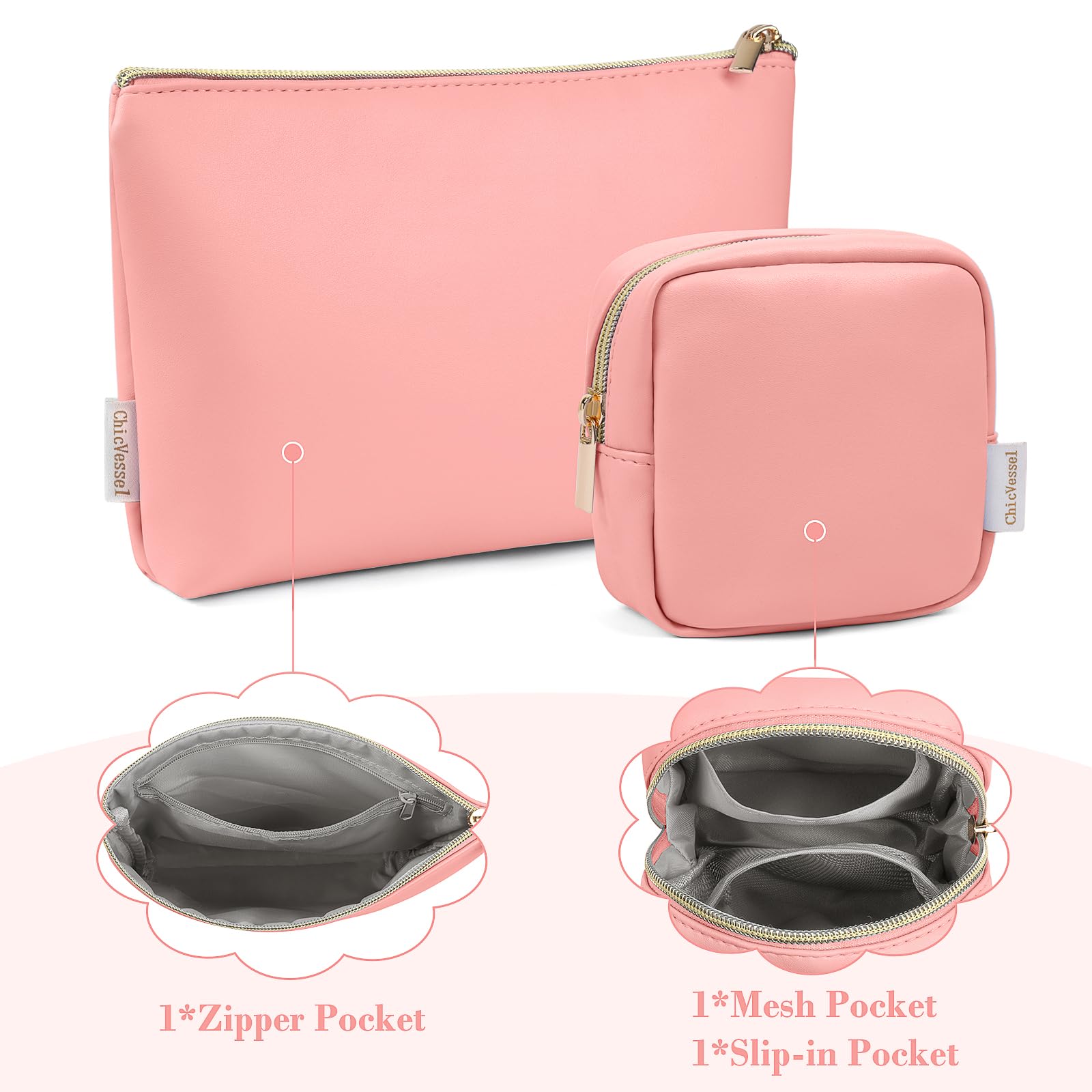 2 Pcs Travel Makeup Bag Set - PU Leather Cosmetic Pouch, Portable Small Makeup Organizer for Purse (Pink) | Perfect for Travel, Gym & Daily Essentials Storage