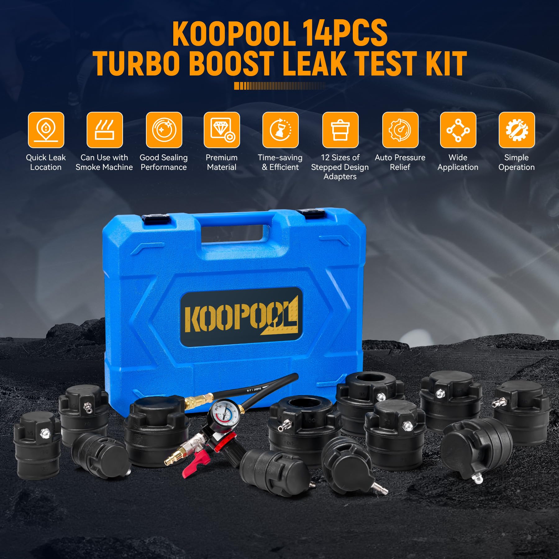 **14-Piece Turbo Boost Leak Tester Kit with 6 Pairs of Stepped Adapters (1-7/8