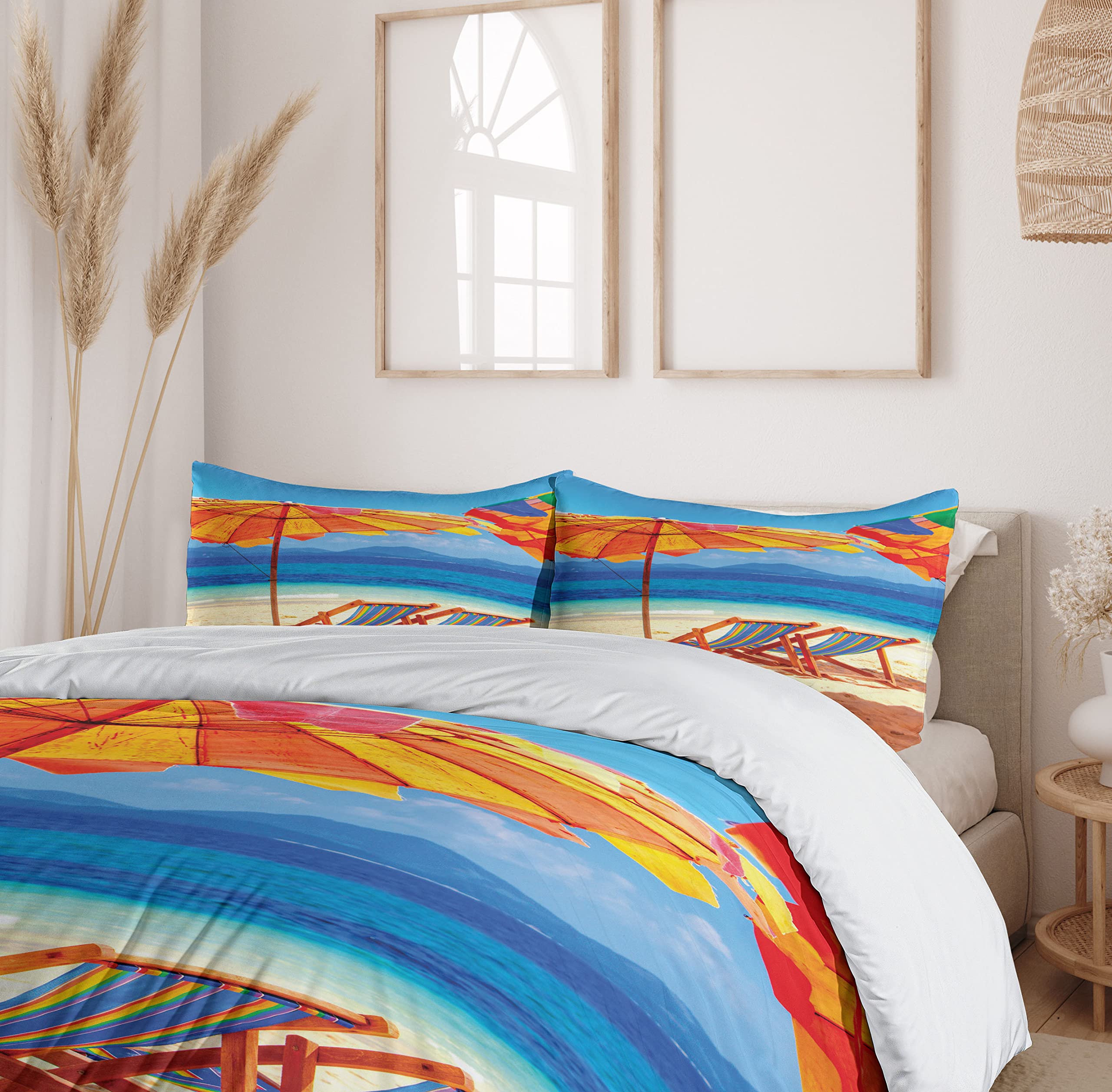 Ambesonne Tropical Beach Duvet Cover Set - 3 Piece California King Bedding with 2 Pillow Shams, Orange & Blue Coastal Decor - Perfect for Beach House, Vacation Rental & Tropical Bedroom Themes