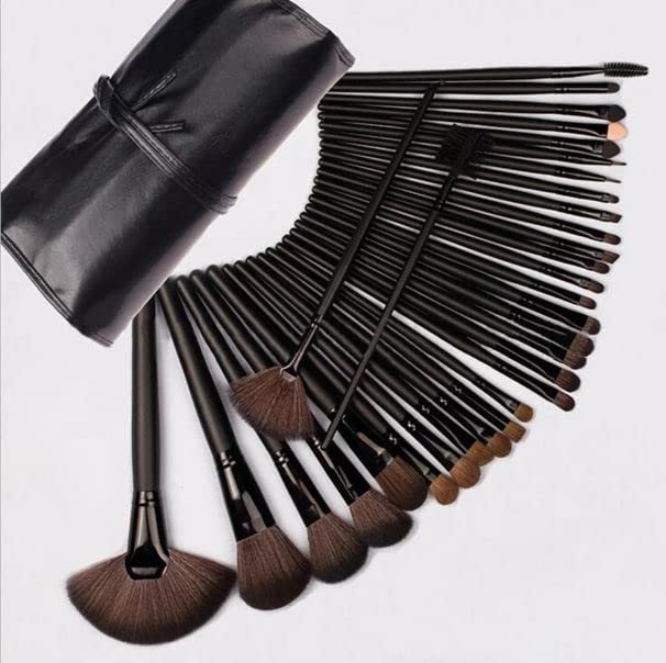 Sunaina 32-Piece Premium Makeup Brush Set with Leather Bag - Foundation, Eyeshadow, Blending & Powder Brushes for Professional Makeup Application - Perfect for Home, Travel & Salon Use (Black)