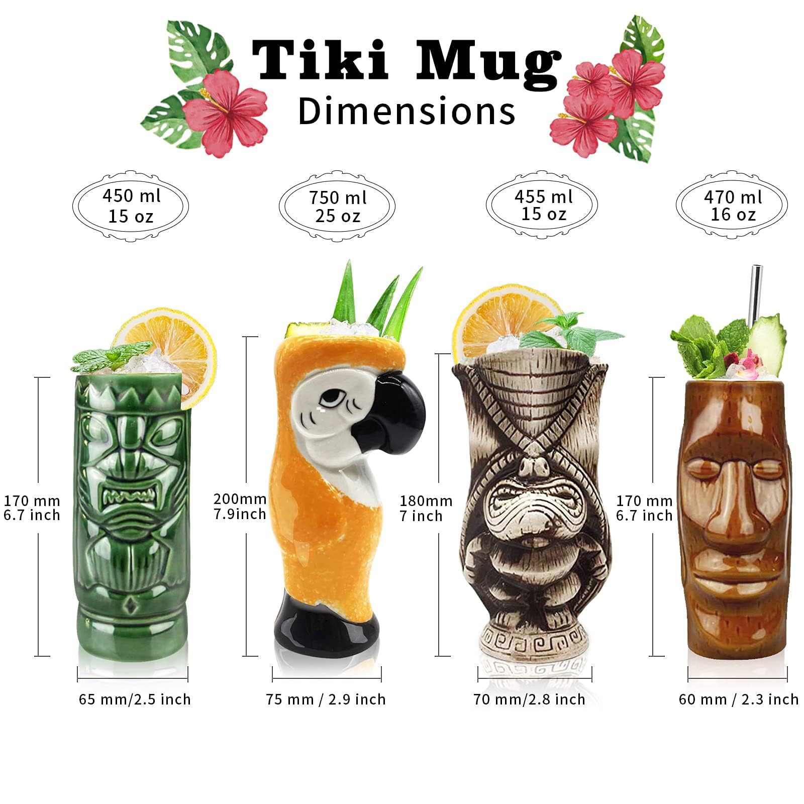 Premium Ceramic Tiki Mugs Set of 4 - Large Hawaiian Themed Cocktail Glasses for Tropical Drinks, Exotic Barware for Tiki Bars, Luau Parties & Home Decor - Perfect for Mai Tai, Pina Colada & Tropical Cocktails