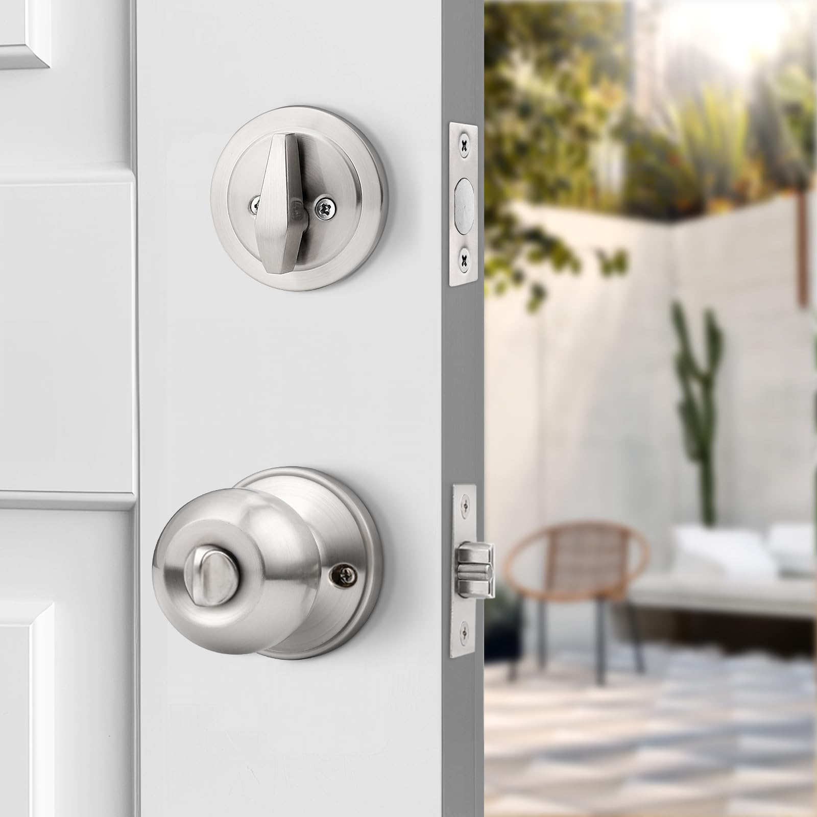 Probrico Satin Nickel Door Handle Set with Deadbolt - Keyed Alike for Home Security