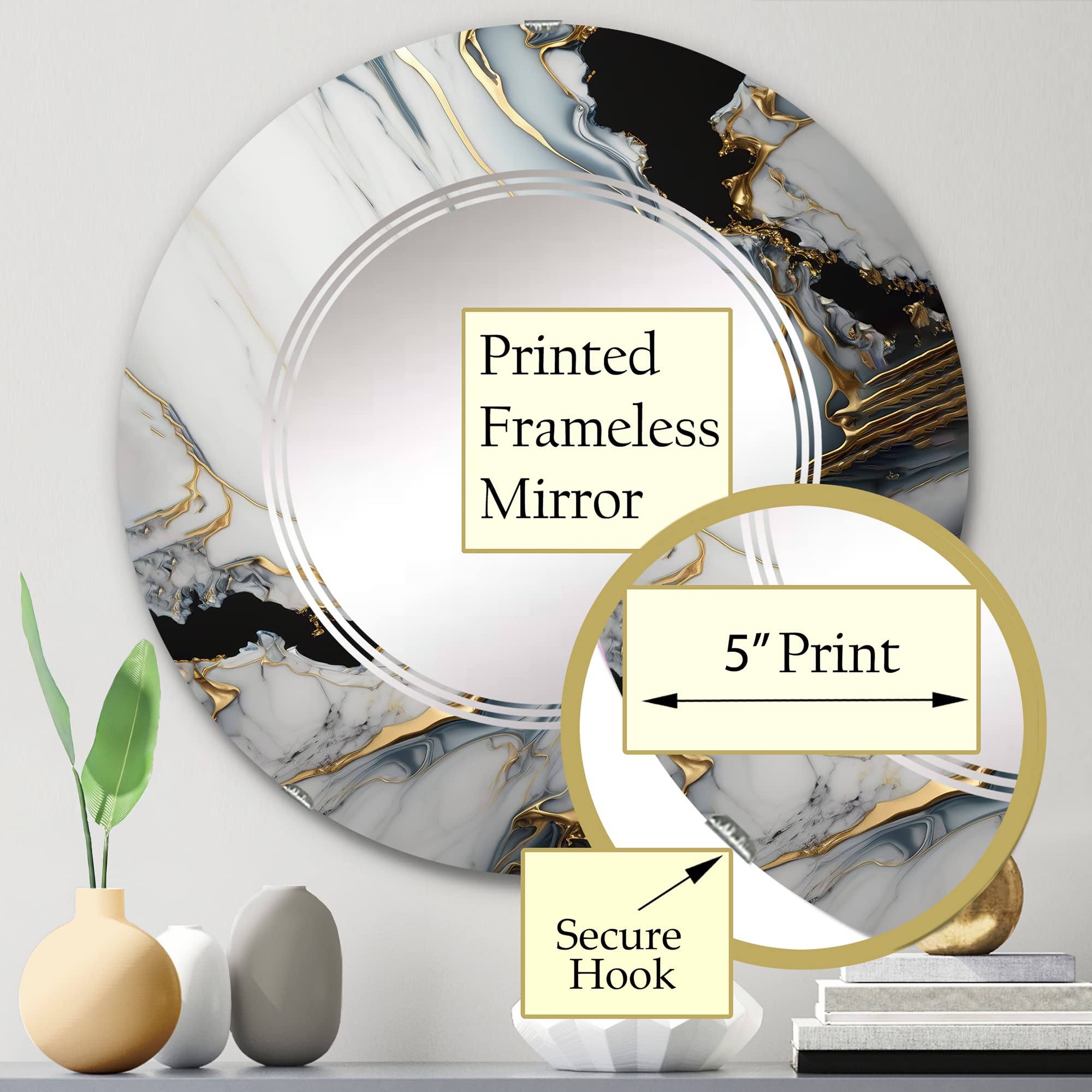 DesignQ Abstract Marble Wall Mirror - 24 Inch Oval & Round Modern Bathroom Vanity Mirror with Gold & Alabaster Geode Marble Print - Elegant Home Decor for Bathroom, Bedroom and Living Room