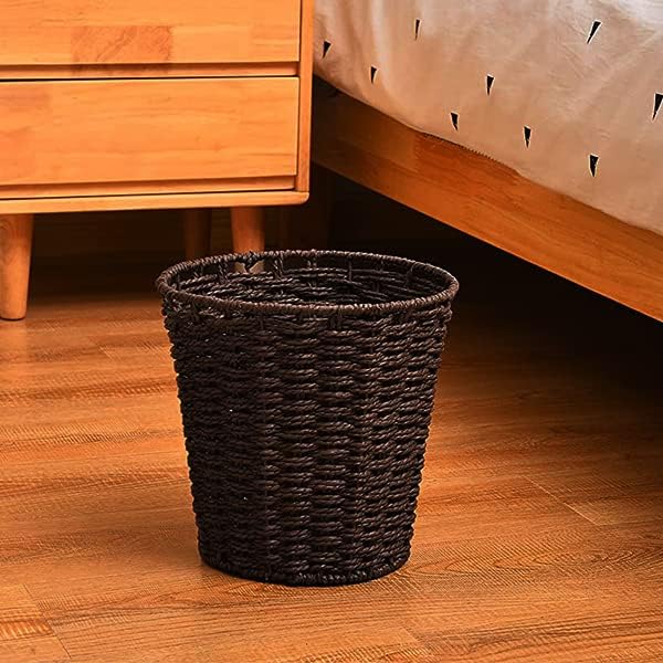 Round Wicker Waste Basket - Natural Woven Paper Bin Trash Can for Bedroom, Bathroom, Office & Home Decor - Eco-Friendly Brown Rubbish Basket for Living Room, Dorm, Kitchen & Bath Organization