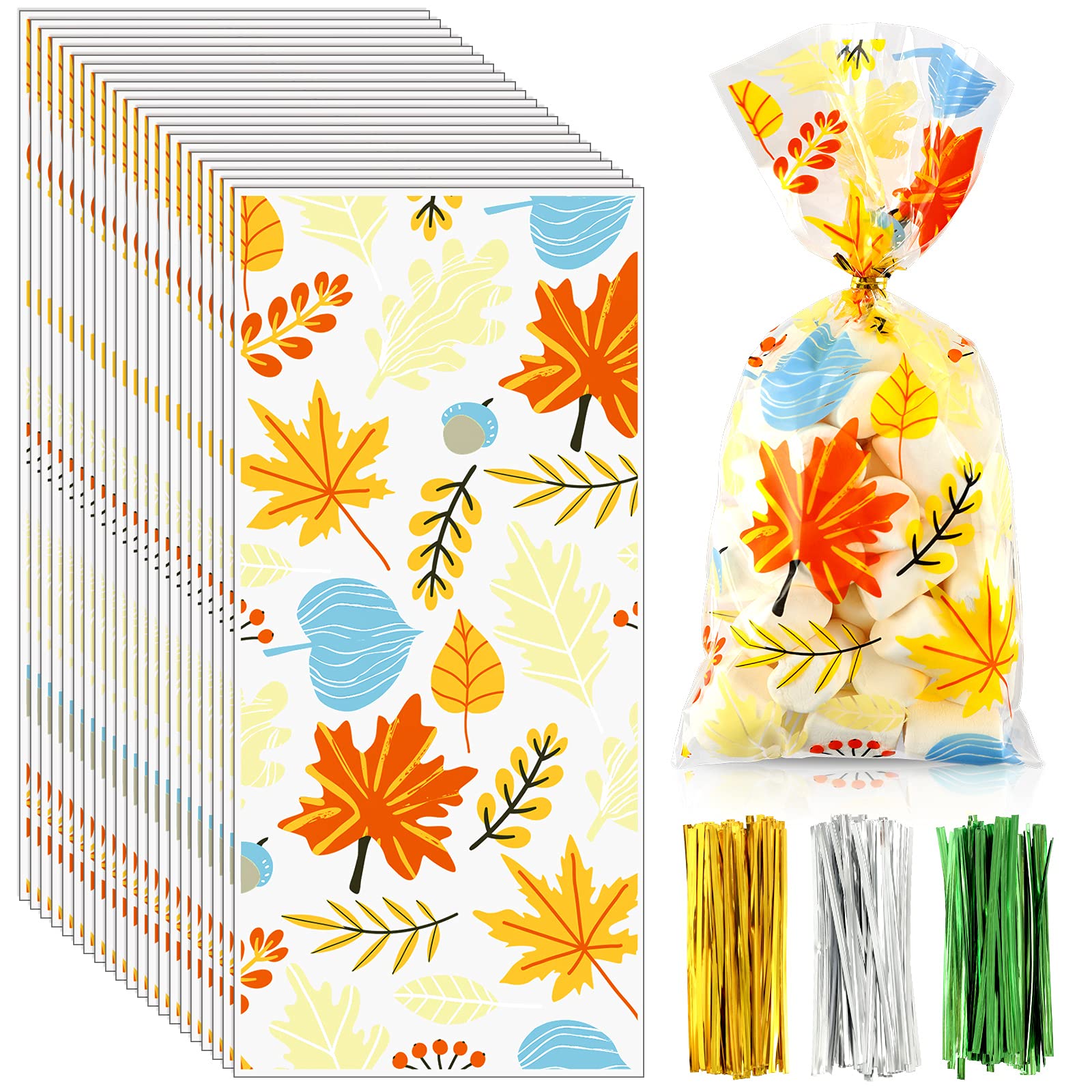 Whaline 120Pcs Autumn Maple Leaf Cellophane Bags with 150Pcs Twist Ties - Double Sided Thanksgiving Party Favor Bags for Candy, Chocolate & Cookies - Bulk Treat Bags for Fall Celebrations, Halloween, Thanksgiving & Christmas Gift Giving