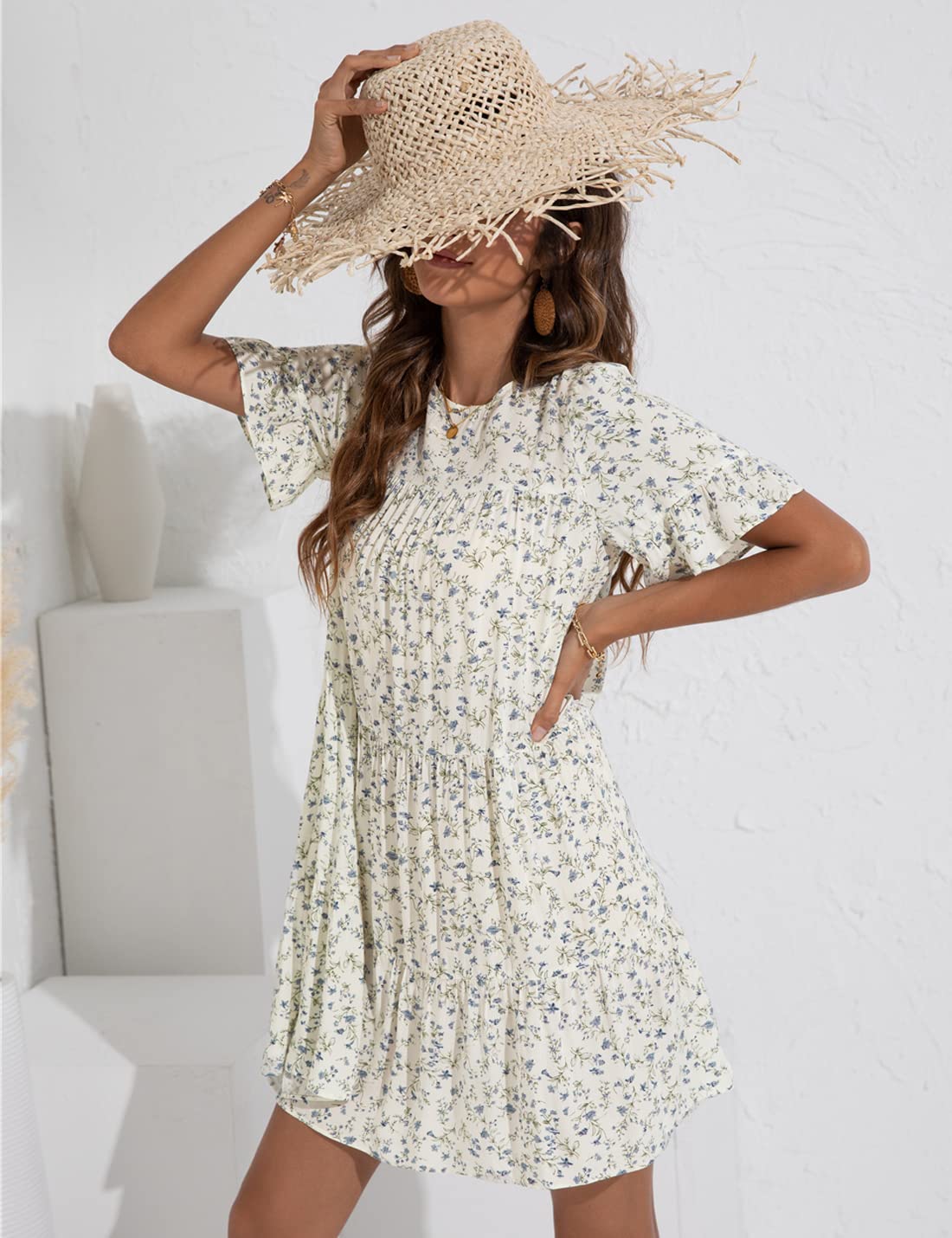Locachy Women's Summer Floral Print Pleated Mini Dress with Ruffle Sleeves - Casual Beachwear, Party Outfit & Vacation Dress for Women