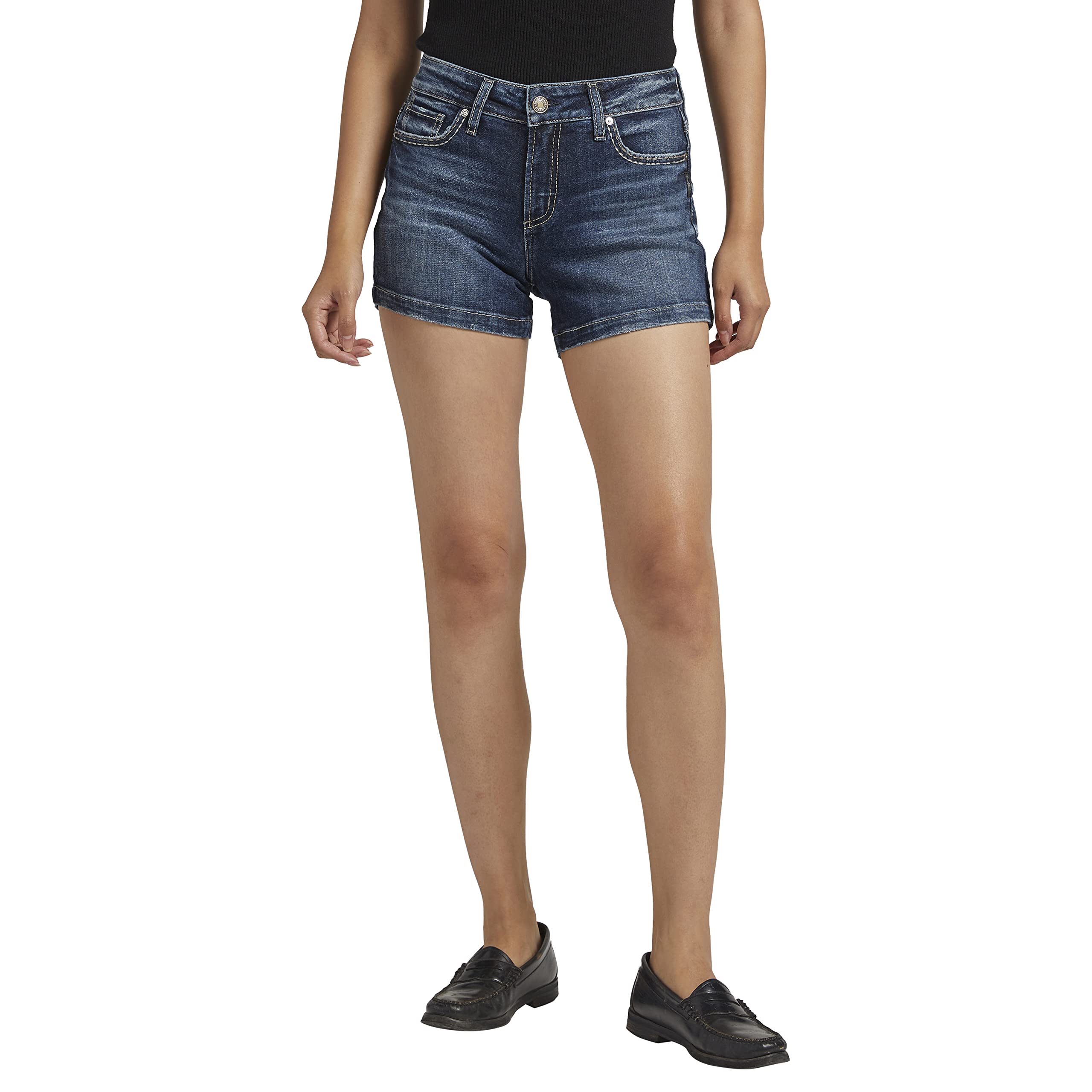 Silver Jeans Co. Women's Elyse Mid Rise Comfort Fit Denim Shorts - Casual Summer Wear for Women, Perfect for Beach, Shopping & Everyday Outfits