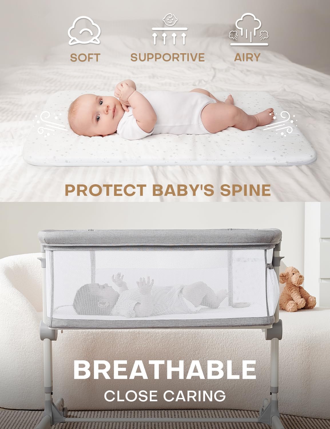 Besrey Baby Bassinet Bedside Sleeper - Extra Wide Adjustable Crib with Wheels & 360° Swivel Lock | 9 Height Positions for Newborns | Includes Mattress | Perfect for Nursery, Bedroom & Late-Night Feedings