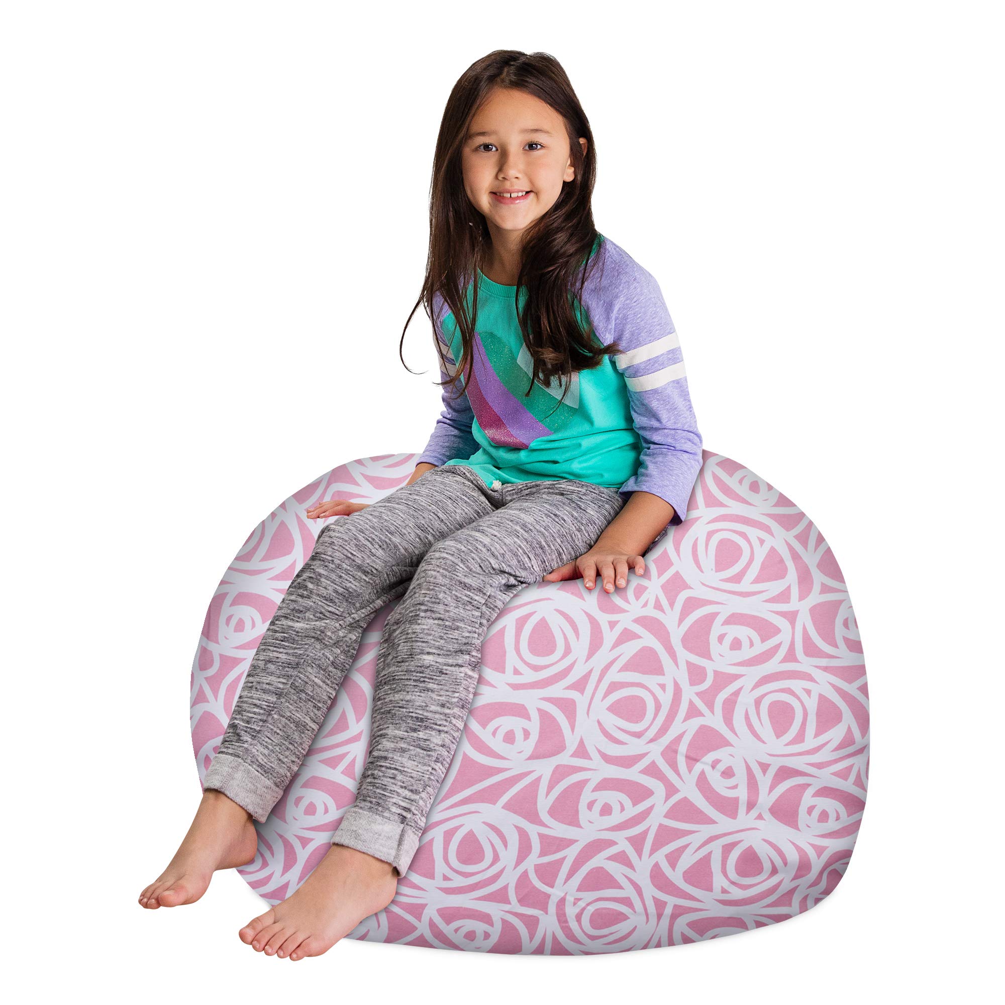 Posh Creations Kids Stuffed Animal Storage Bean Bag Chair Cover - Large 38in Toy Organizer for Children, Pink Canvas Roses Design - Perfect for Nursery, Playroom & Bedroom Organization
