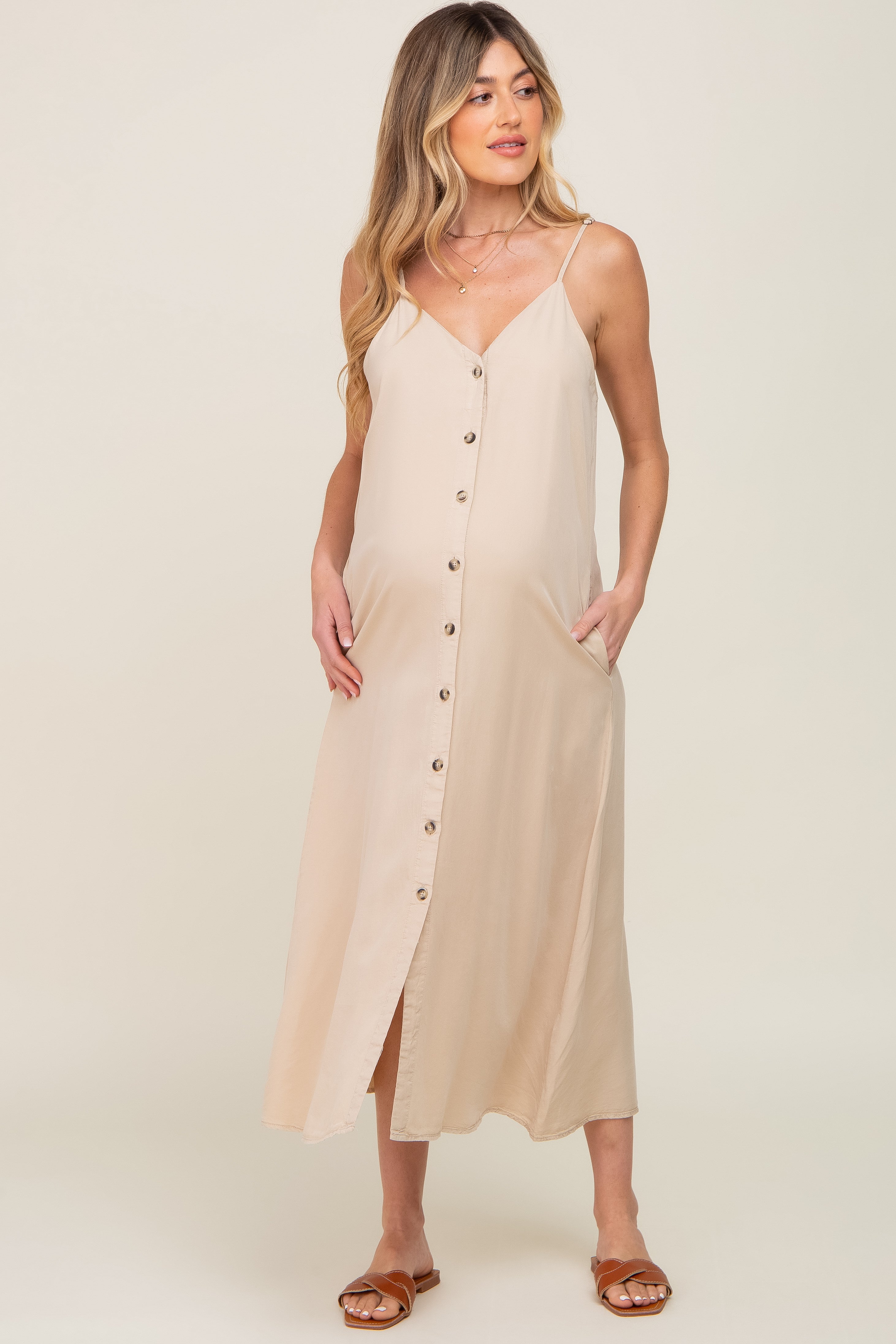 Beige Button Down Maternity Midi Tank Dress for Pregnancy - Comfortable Nursing Dress for Women, Perfect for Casual Wear, Maternity Photos & Baby Showers