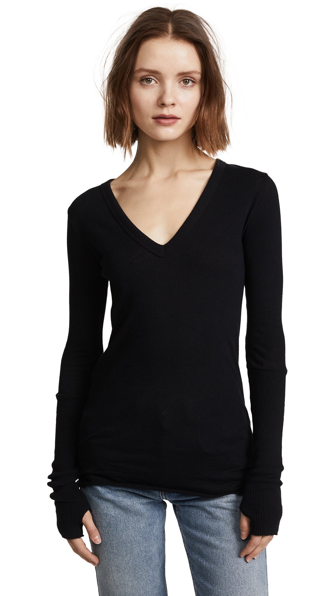 Enza Costa Women's Soft Cashmere Blend Long Sleeve V-Neck Top with Thumbholes & Cuffed Sleeves - Perfect for Work, Travel & Casual Outfits