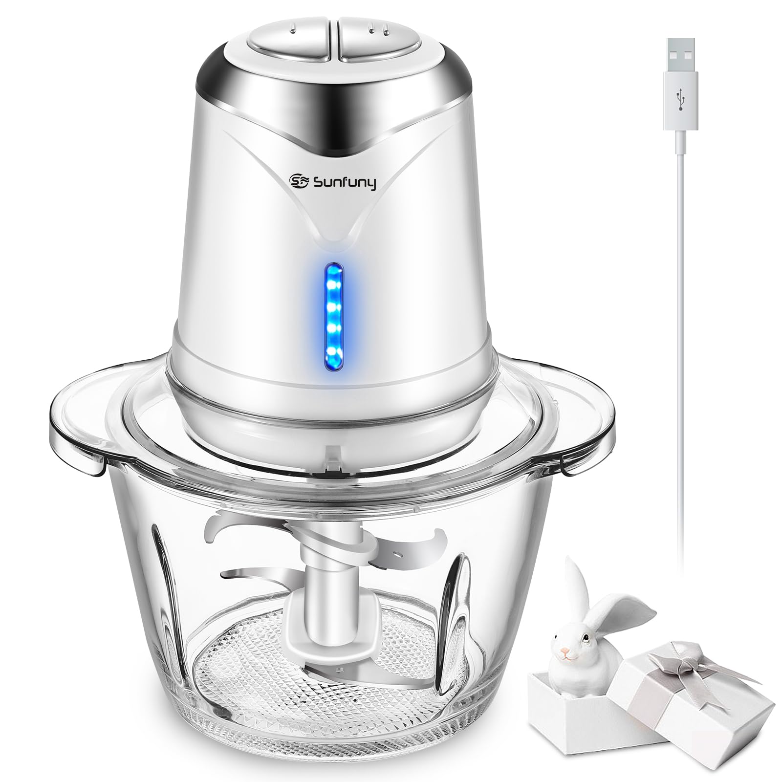 6000mAh Cordless Electric Food Chopper - 5 Cup/1.2L Glass Bowl Mini Processor for Vegetables, Onions, Garlic & Baby Food - Portable Meat Blender & Mixer - Perfect for Kitchen, Camping & Small Batch Cooking (White)