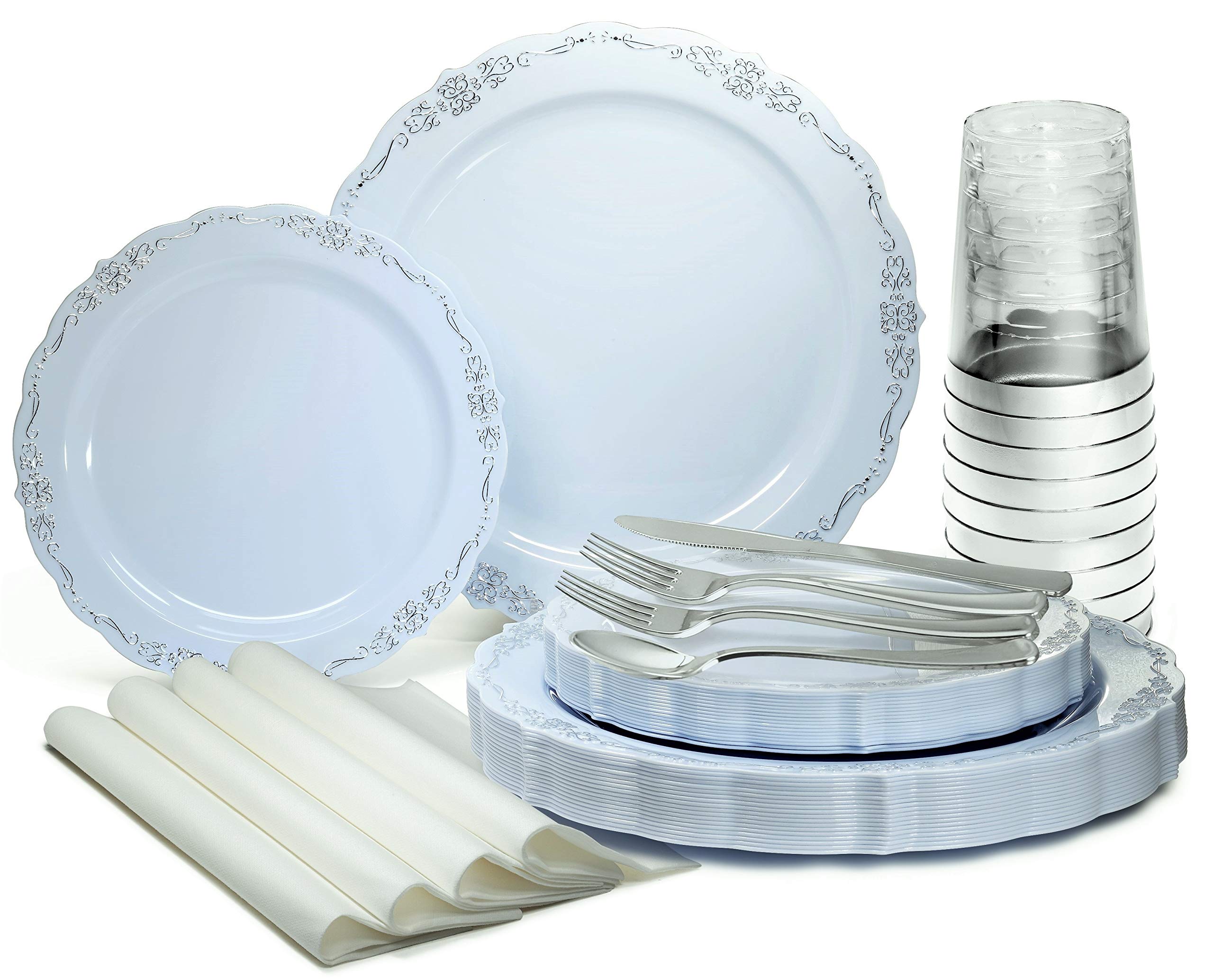 960-Piece Vintage Wedding Party Disposable Plastic Plates & Cutlery Set - 120 x 10'' Dinner Plates, 120 x 7.5'' Dessert Plates, Silver Silverware, Cups & Napkins (Verona Blue) - Perfect for Weddings, Bridal Showers, Anniversaries & Large Gatherings