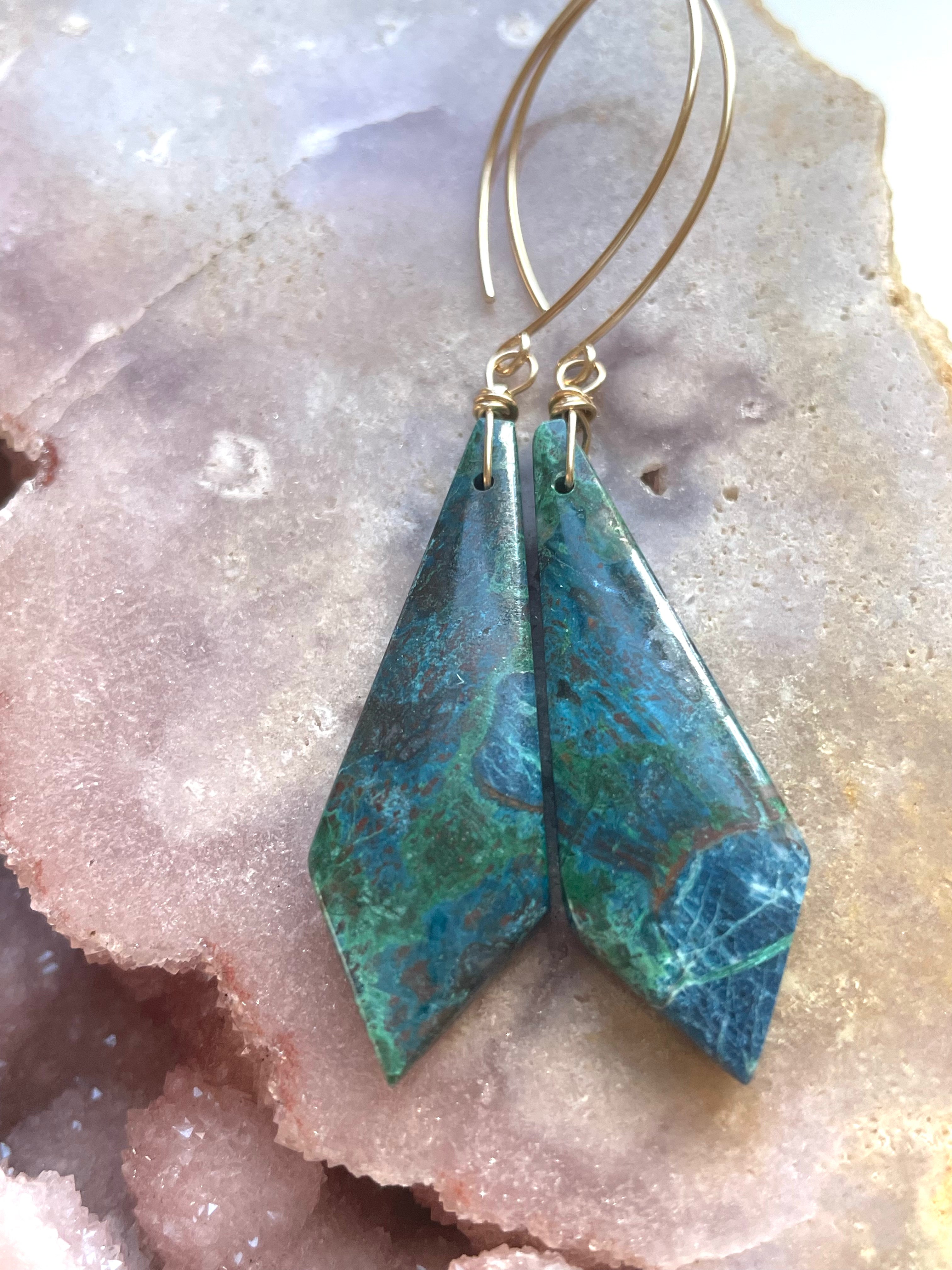 Chrysocolla Gold Filled Statement Crystal Gemstone Earrings for Women | Elegant Bohemian Jewelry for Parties, Weddings & Special Occasions