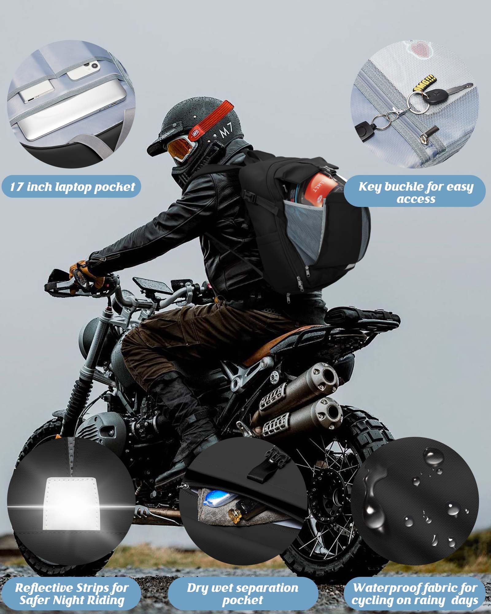 SEAFEW Waterproof Motorcycle Backpack with Helmet Holder - Large Capacity Helmet Storage Bag for Men, Hiking, Cycling & Riding - Durable Black Backpack for Commuting & Outdoor Adventures