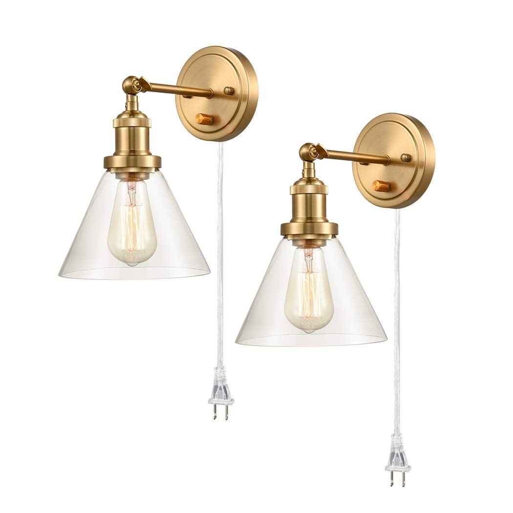 CALXY Industrial Wall Sconces 2 Pack - Brass Swing Arm Wall Lights for Bedroom, Bathroom & Headboard - Hardwired or Plug-in Options - Vintage Style Wall Lamps for Home Decor & Reading Light