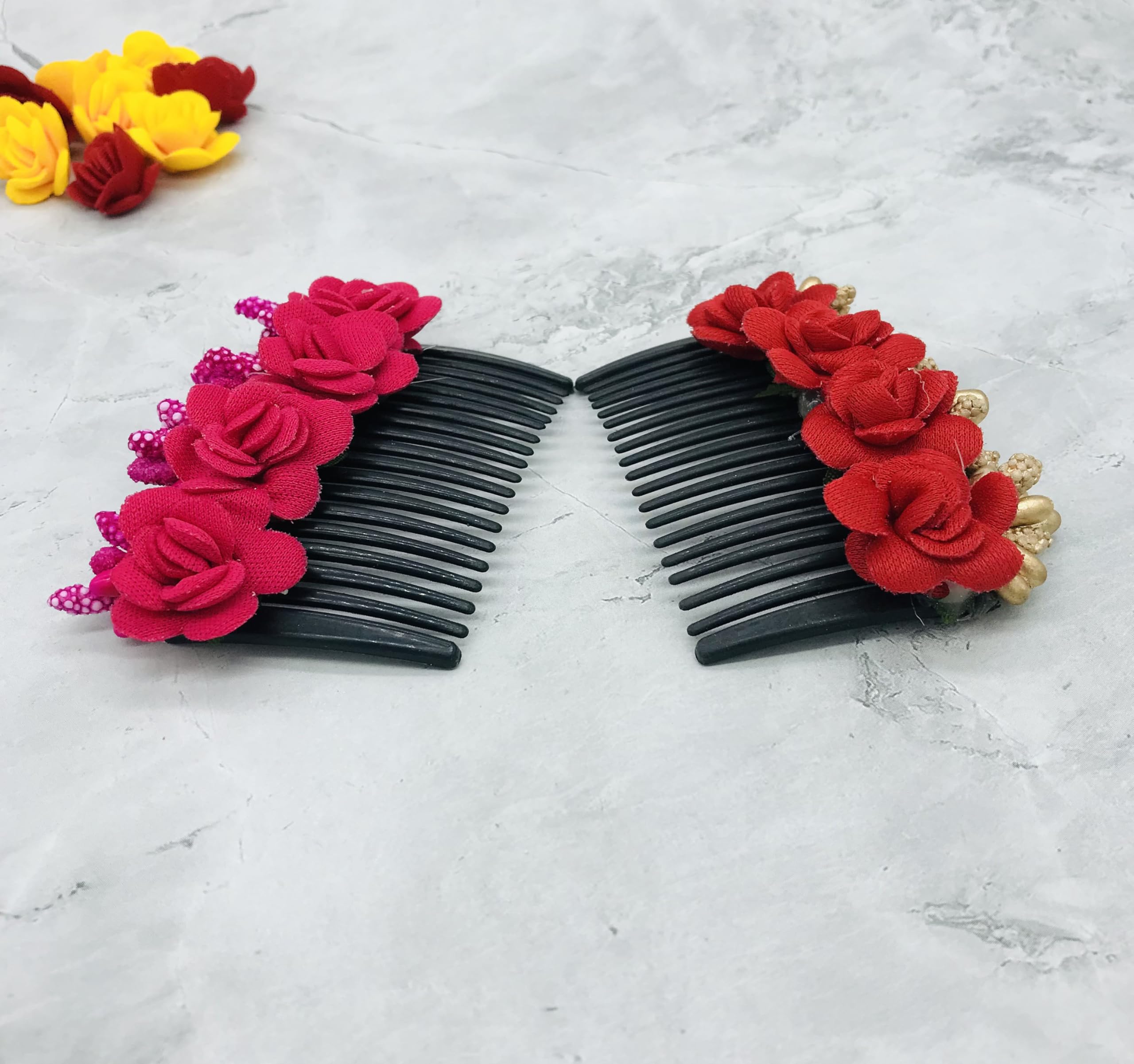 Gadinfashion™ Artificial Flower Hair Side Comb for Women & Girls - Stylish Floral Hair Accessories for Weddings, Parties & Daily Wear (Pack of 2, Rani Pink & Red)