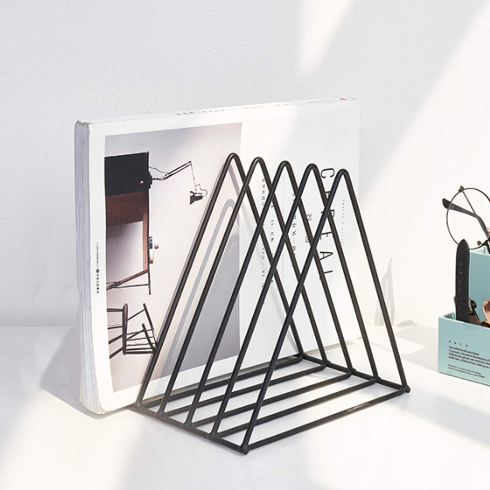 QPEY 5-Slot Metal Triangle File Holder - Vinyl Record Stand, Magazine & Newspaper Organizer - Office & Home Storage Solution - Photography Props - Black (1 Piece) - Perfect for Desk Organization & Display