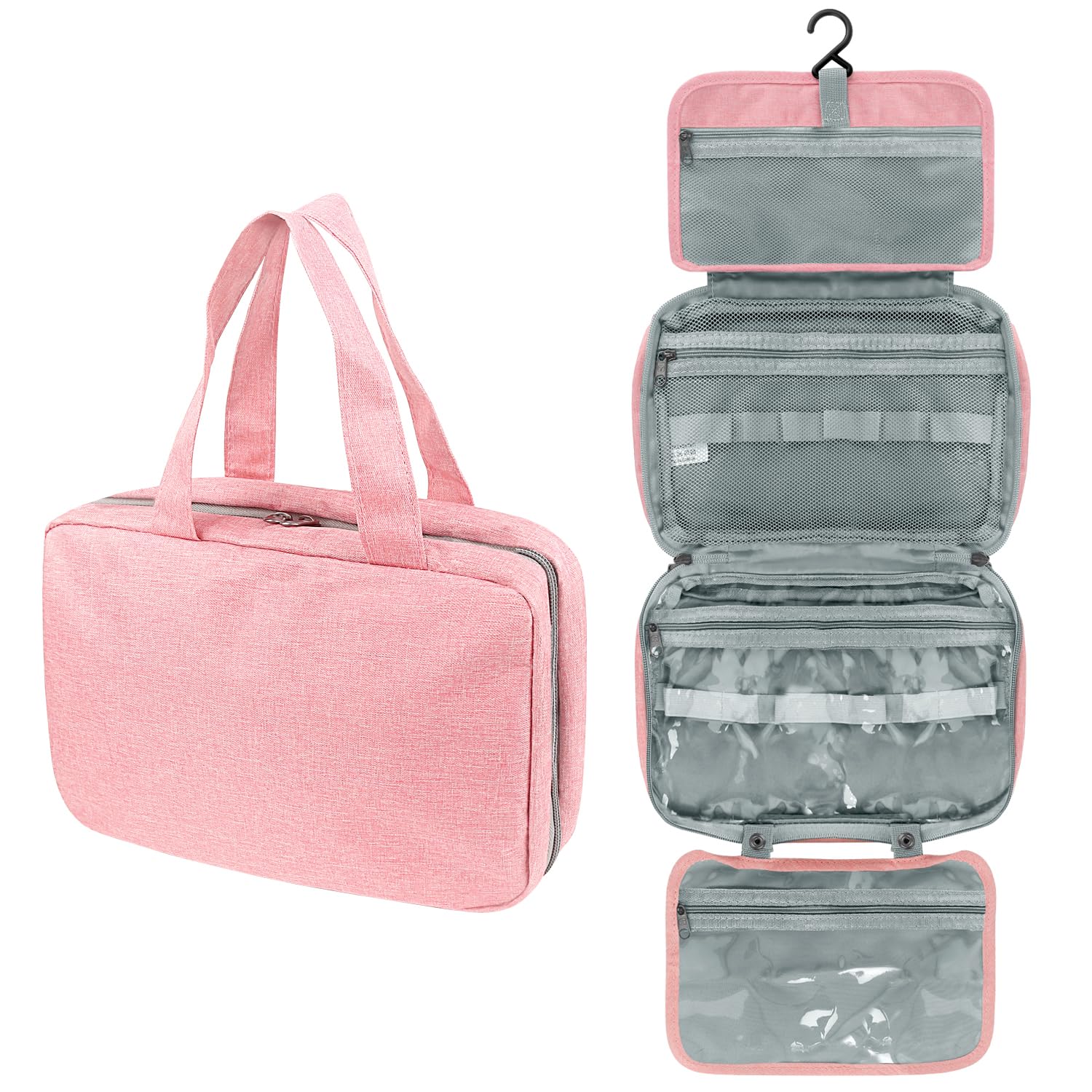 BVRKB Hanging Toiletry Bag for Travel - Waterproof Portable Cosmetic Organizer with Detachable Hook for Men & Women - Perfect for Shower, Bathroom, Camping & Gym Essentials (Pink)