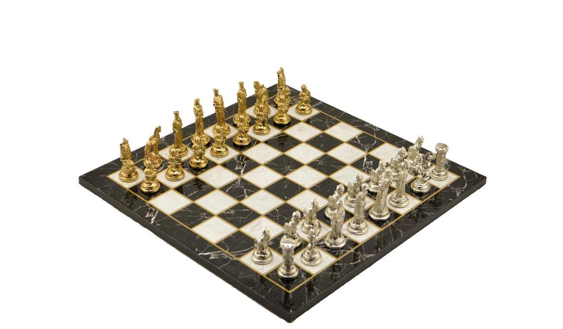 Handmade Metal Chess Set for Adults - Historical Troy vs Spartan Figures with Unique Wooden Chess Board (Black Marble) | Perfect for Home Decor, Game Nights & Collector's Display