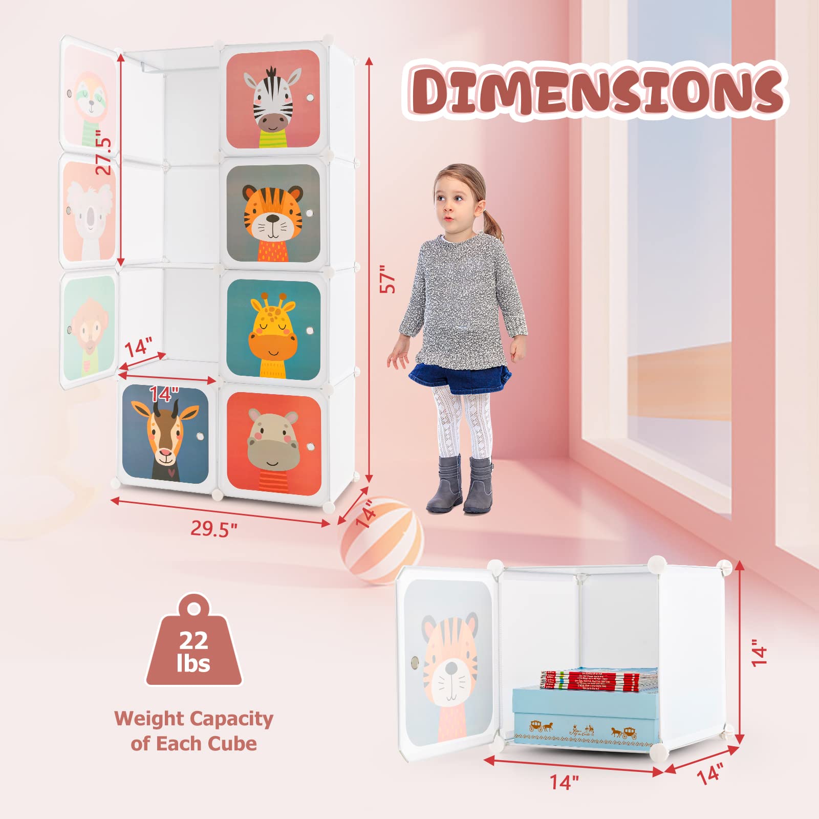 Costzon Kids Closet Organizer - 8-Cube DIY Modular Dresser with Clothes Hanging Rack, Portable Wardrobe for Toddlers & Children, White Nursery Storage Solution for Bedroom & Playroom Organization
