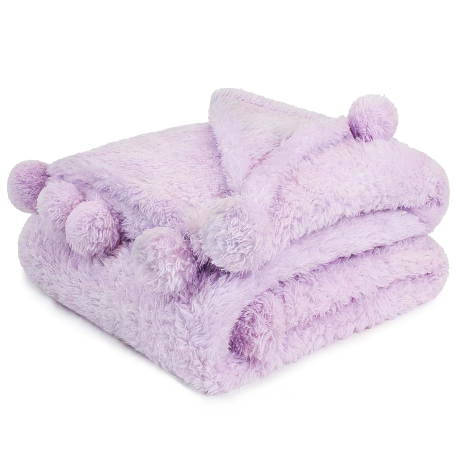 PAVILIA Lavender Sherpa Throw Blanket - Ultra Soft Plush Pom Pom Blanket for Couch & Bed (60x80 inches) | Lightweight Cozy Fluffy Blanket for Sofa, Living Room, Dorm & Travel | Light Purple Twin Size Warm Fuzzy Blanket