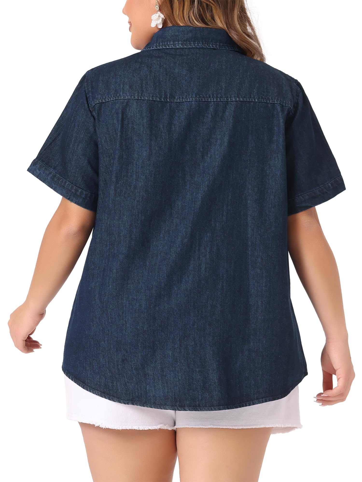 Plus Size Women's Denim Shirt - Short Sleeve Western Button Down Top for Casual Outings
