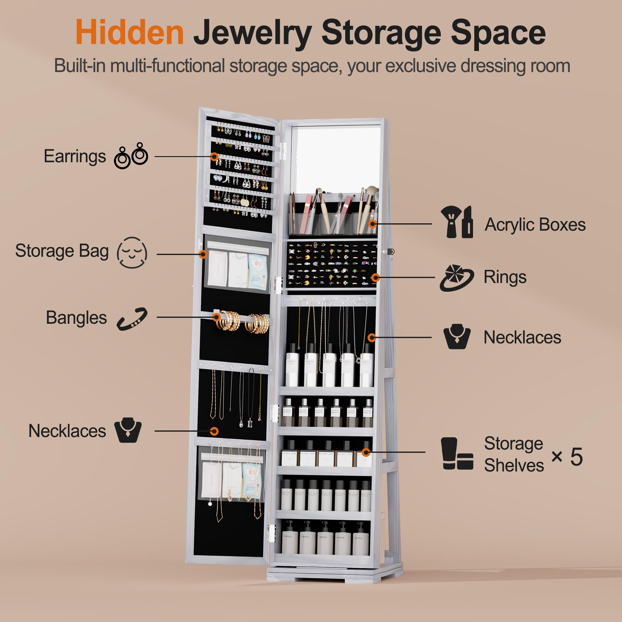 360° Rotating Jewelry Armoire with Full-Length Mirror & Lockable Storage - 66