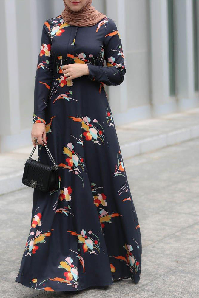 Elegant Floral Print Long Sleeve Maxi Dress for Women - Boho Chic Wedding Guest Dress & Summer Beach Cover Up