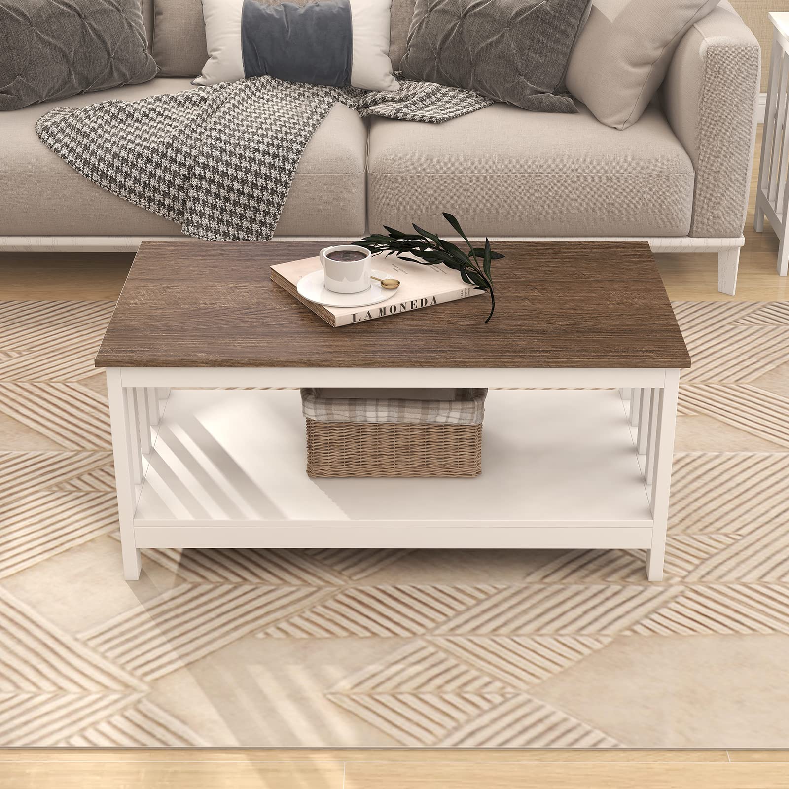 Farmhouse Coffee Table with Shelf - 40 Inch White Wooden Living Room Table for Rustic Home Decor | Perfect for Living Room, Lounge & Farmhouse Style Spaces
