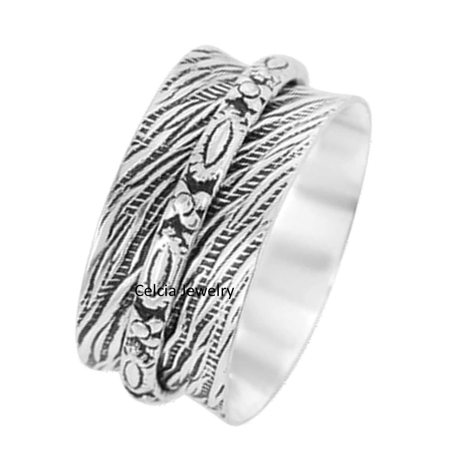 925 Sterling Silver Spinner Ring for Anxiety Relief - Oxidized Thumb Ring with Textured Design | Meditation & Fidget Ring for Stress Relief | US Size 7 | Perfect Gift for Women & Men