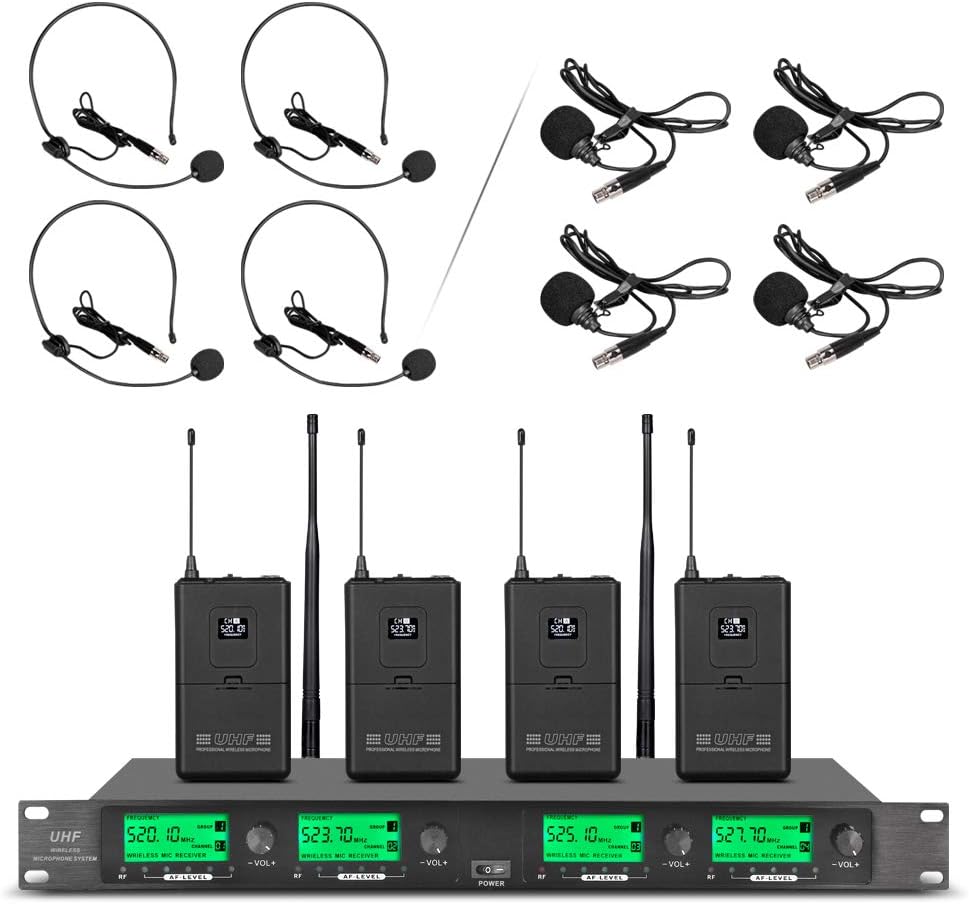 Refurbished Wireless UHF System - 4 Channel with 4 Lavalier Mics, 4 Bodypacks & 4 Headsets for Church, Theater, and Conference Presentations
