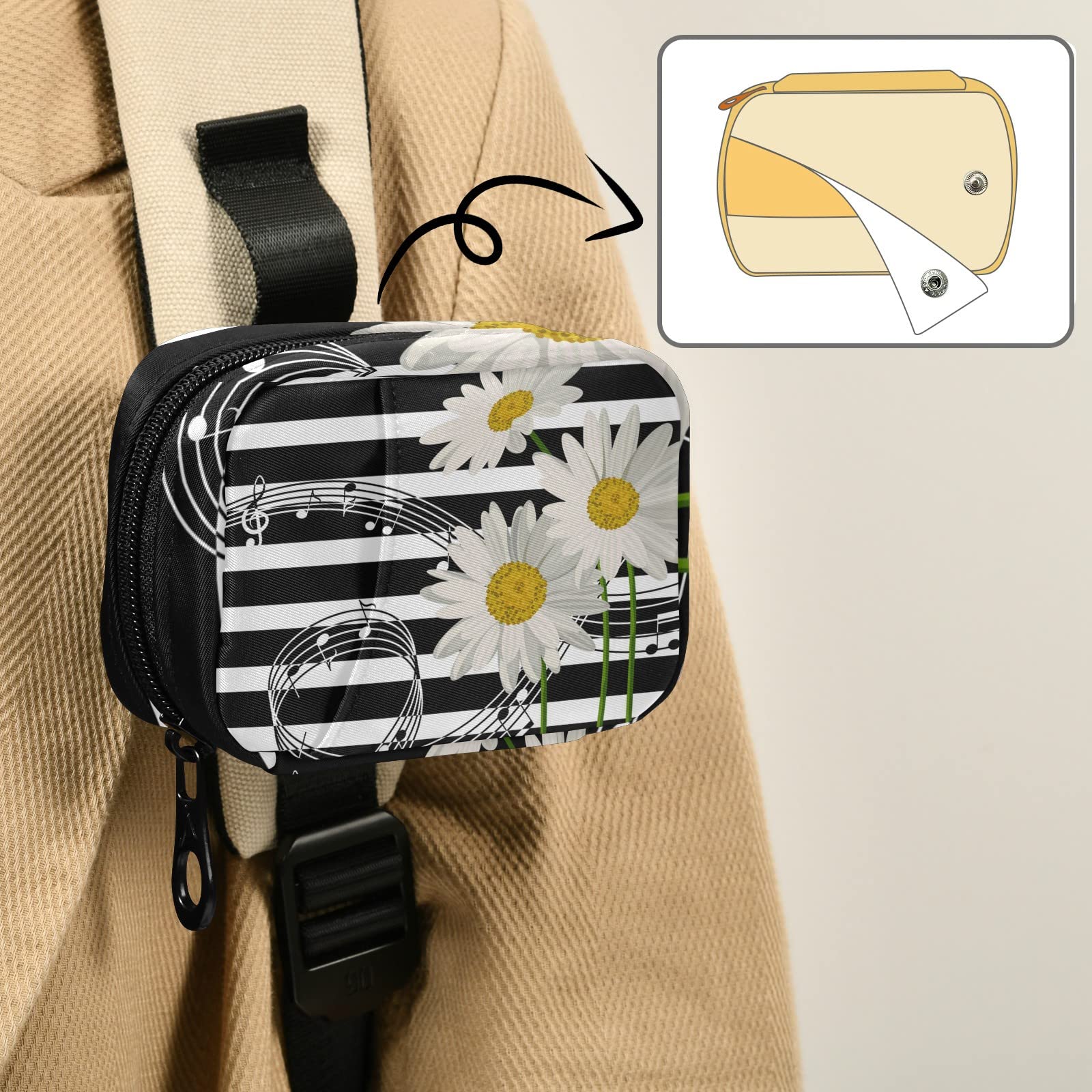 7-Day Travel Pill Organizer with Zipper - White Daisies & Black Stripes Design - Compact Weekly Pill Case for Vitamins, Supplements & Medications - Perfect for Home, Office & Travel Use