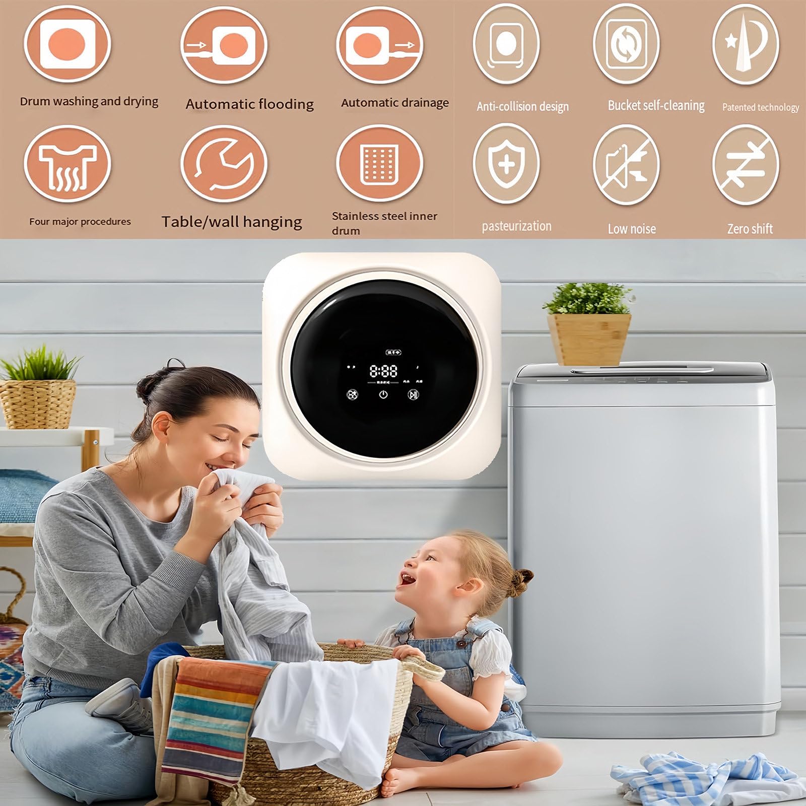 2 in 1 Mini Portable Washer and Dryer Combo - Compact Washing Machine with LCD Display & Stainless Steel Drum for Small Clothes, Underwear, Socks - Perfect for Apartments, Dorms, RVs & Travel Use