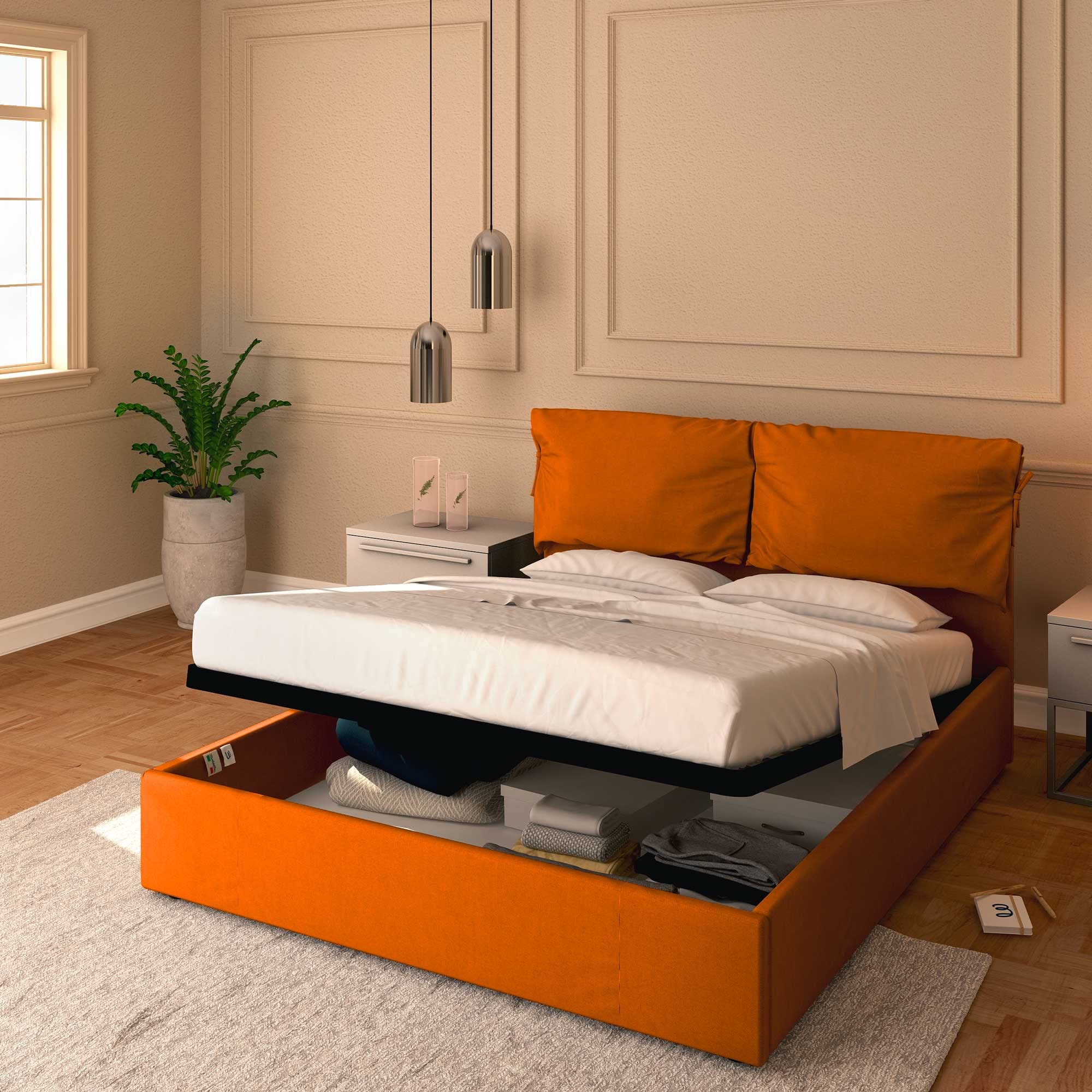 Baldiflex Single Bed with Storage - Licia Soft Synthetic Leather Upholstery, Slatted Base for Single Mattresses, 140 x 190 cm, Padded Headboard, Orange - Perfect for Small Bedrooms, Guest Rooms & Studio Apartments